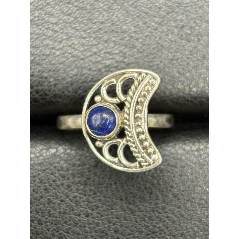 New Condition Sterling Silver Genuine Lapis Moon Ring Size 7 E20